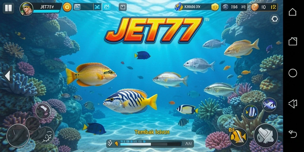 Tampilan seru gameplay JET77 saat menembak ikan.