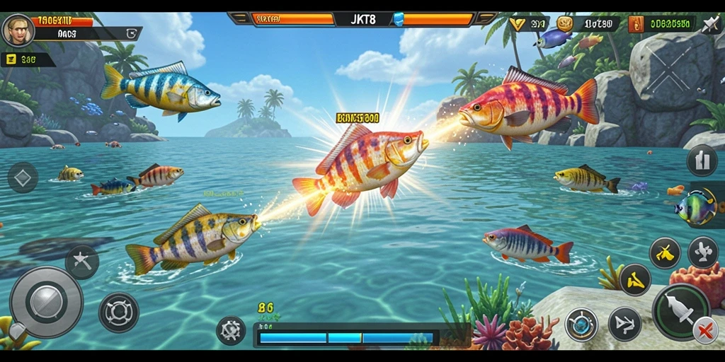 Tampilan gameplay JKT8 yang seru saat menembak ikan.