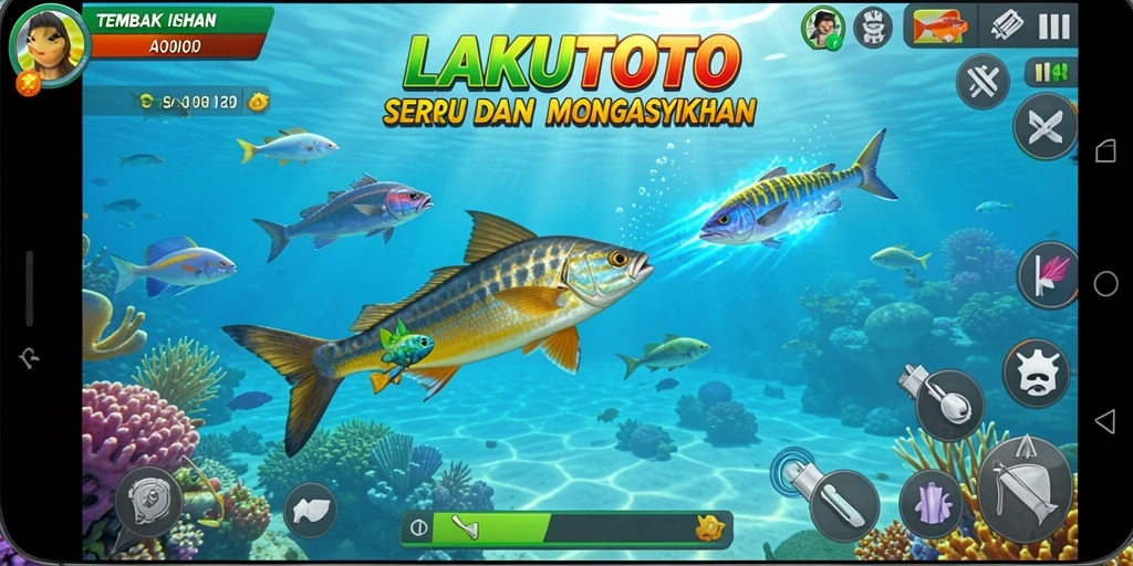 Tampilan gameplay seru dalam LAKUTOTO saat menembak ikan.