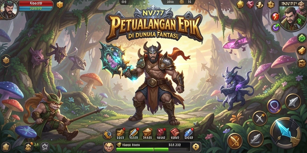 Tangkapan layar gameplay NV77 menunjukkan pertarungan epik dan eksplorasi dunia yang luas.
