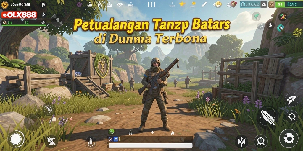 Tangkapan layar utama OLX888 menunjukkan pemain menjelajahi hutan yang rimbun.